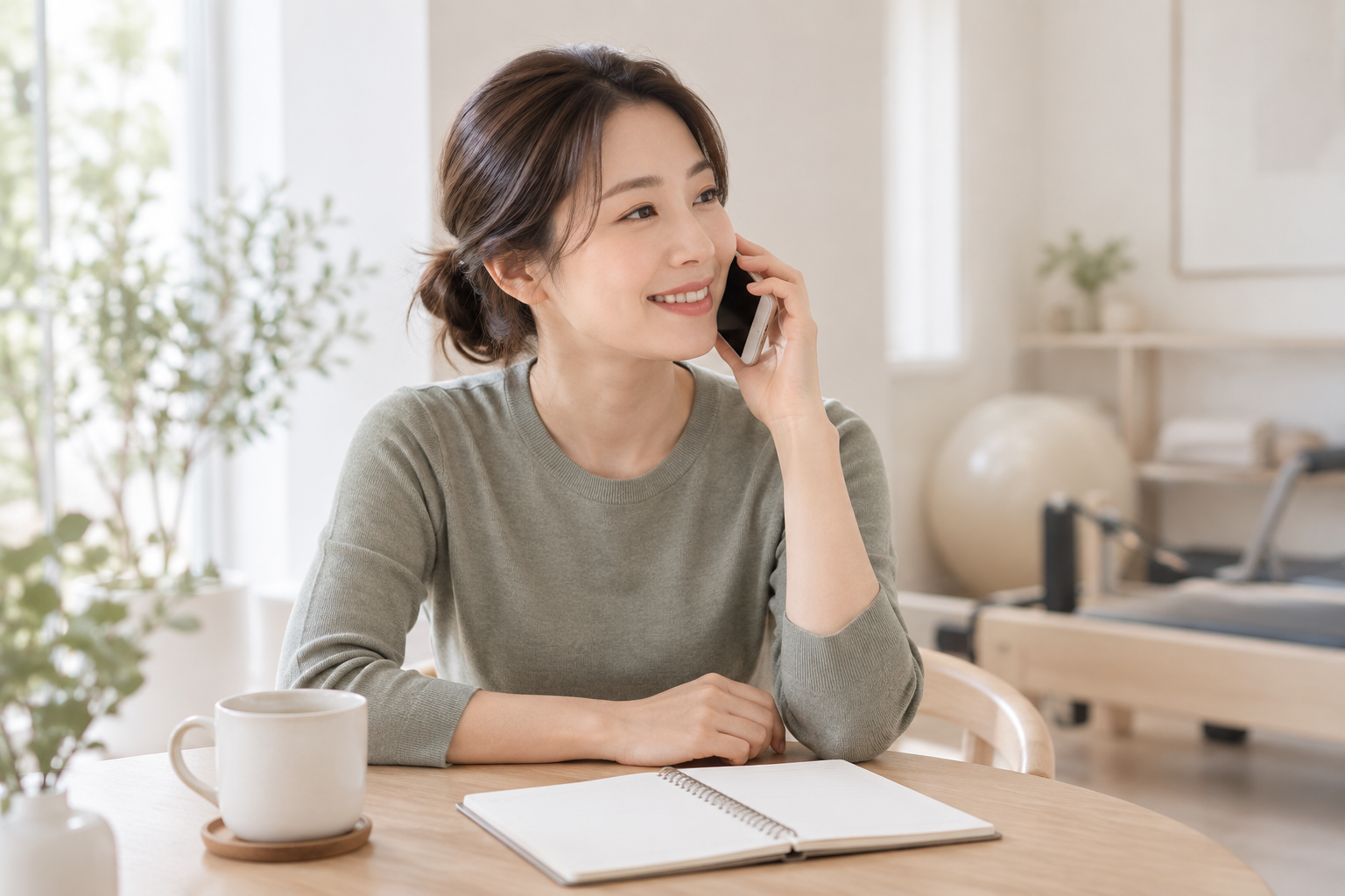 밝은 공간에서 미소 지으며 전화로 상담하는 분위기를 표현한 AI 연출 이미지